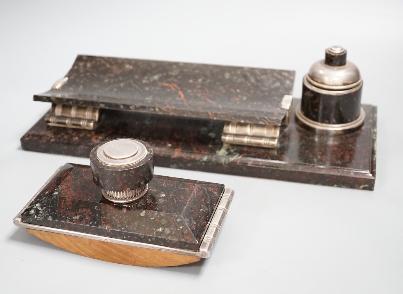 A stylish Art Deco silver mounted polished marble desk set, c.1930 by Robert Linzeler